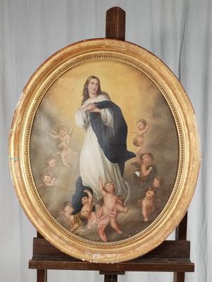 une image représentant un tableau de la Vierge Marie entourée d'anges