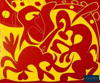 une affiche rouge et jaune sur laquelle figure l'image d'un homme à cheval
