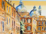 a painting of a city street with buildings on both sides of it