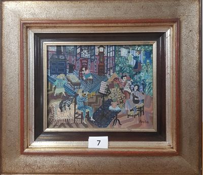 peinture d'un groupe de personnes assises autour d'une table dans une pièce