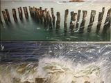 deux photos d'une jetée en bois dans l'eau