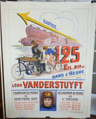 affiche représentant un homme à moto, avec une flèche pointant vers le haut