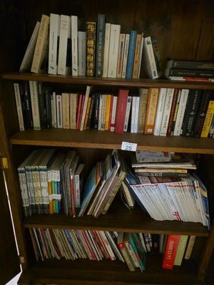 une étagère contenant de nombreux livres dans une pièce