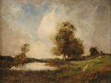 an image of a painting of a landscape with trees and water