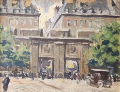 un tableau représentant un bâtiment autour duquel se promènent des gens