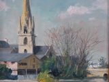 tableau représentant une église avec un clocher surplombant un plan d'eau