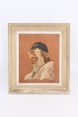 un vieux tableau représentant un homme coiffé d'un chapeau bleu