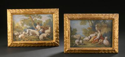 une paire de tableaux représentant un berger et son troupeau dans un décor boisé