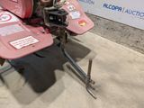 an image of a pink lawn mower parked in a garage