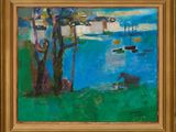 une image représentant un tableau où l'on voit un homme et un chien au bord d'un lac