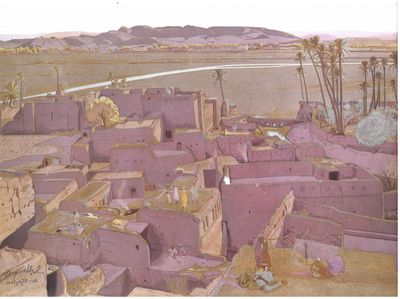 tableau représentant un village au milieu du désert, avec des montagnes en arrière-plan