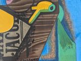 a picture of a painting of a woman with a hat and scissors
