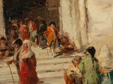 a painting of a group of people walking down a street