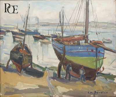 un tableau représentant des bateaux amarrés au bord de l'eau