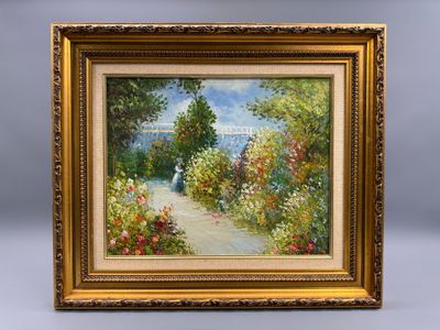 une peinture à l'huile représentant une allée de jardin avec des fleurs et des arbres