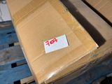 a cardboard box on a pallet with a price tag on it