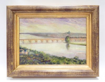 une peinture à l'huile représentant un pont sur une rivière avec un château à l'arrière-plan