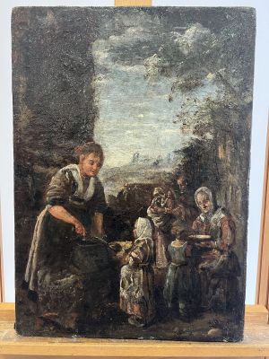 an old painting of a woman with a child and two other people