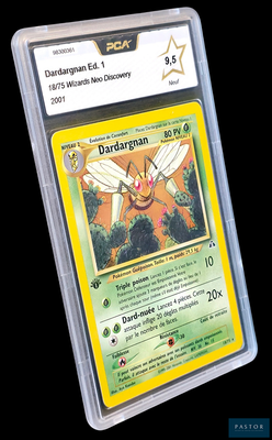 La carte Pokémon se trouve dans un étui en plastique transparent sur fond noir.