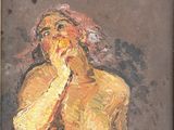 une peinture à l'huile représentant une femme portant la main à son visage