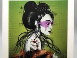 un tableau représentant une femme avec de la peinture violette sur le visage
