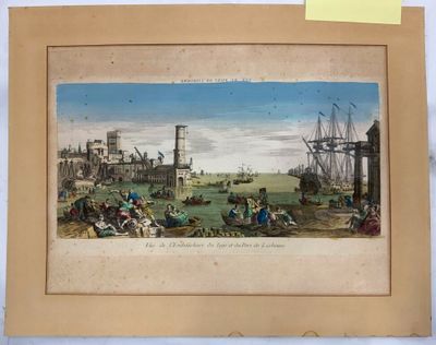 un vieux tableau représentant une scène de port avec des bateaux et des personnages