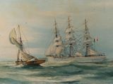 tableau représentant deux navires en mer, avec un voilier au premier plan