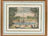 un tableau représentant une vue d'un parc avec des personnes et une fontaine
