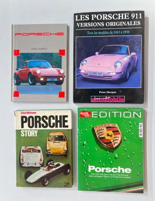 four books on a white table with a porsche book on top of it