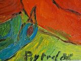 an image of a painting of a bird on a red background
