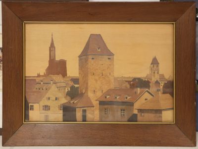painting of a view of a town with a clock tower in the background