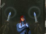 an image of a woman in a blue suit holding a pair of scissors