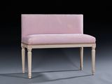 an upholstered bench with a pink and white checkered upholstered seat