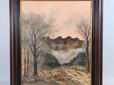 une peinture d'un paysage avec des arbres et des montagnes en arrière-plan