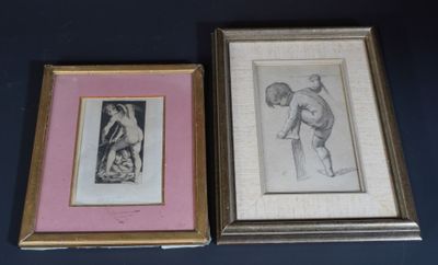 two framed drawings of a man and a woman on a blue background