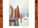 framed watercolor painting of sailboats in the ocean with a full moon