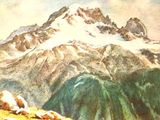 a painting of a mountain with cows grazing in the grass
