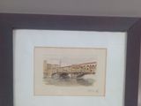 painting of a bridge over a body of water with a building in the background