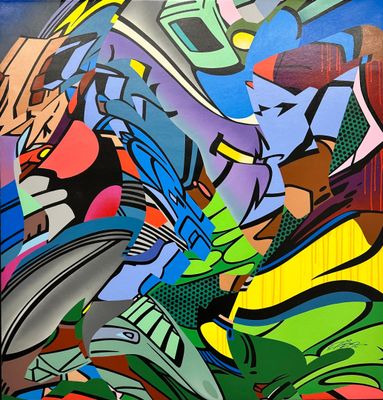 painting of colorful graffiti on a wall in a room