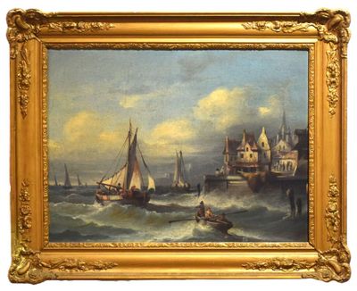 une peinture à l'huile représentant des bateaux dans un port avec un château à l'arrière-plan