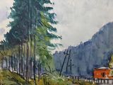 a watercolor painting of a house on the side of the road