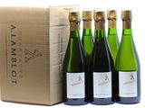 six bouteilles de vin sont alignées en rang devant une boîte