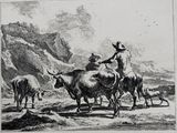 a black and white drawing of a man riding on a cow
