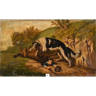une image représentant un tableau où l'on voit un chien courir après un garçon allongé par terre