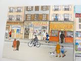 un tableau représentant des gens qui promènent leurs chiens dans la rue