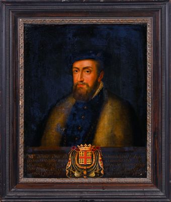 un tableau représentant un homme barbu avec des armoiries