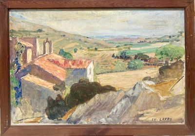 an oil painting of a landscape with a church in the distance