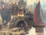 a painting of a boat in the water near a bridge