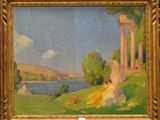 a painting of a woman sitting on a hill next to a body of water