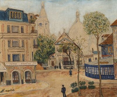 a painting of a street scene with buildings and a man walking